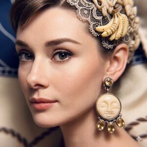 Artisan Bali Carved Bone Moon Goddess & Citrine Drop Earrings #GOAT